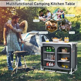 Portable Camping Kitchen Table with Storage Shelves (Color: Gray)